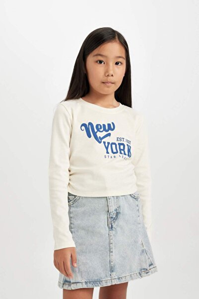 DeFacto Girl's Cropped Fit Crew Neck Printed Ribbed Long Sleeve T-Shirt D2987A824Au