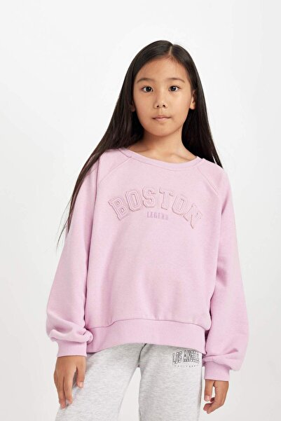 DeFacto Kız Çocuk Pembe Oversize Geniş Kalıp Bisiklet Yaka Baskılı Sweatshirt D1100A824AU