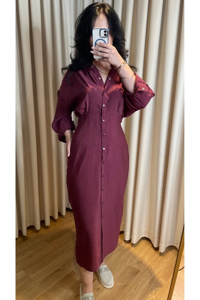 Aura Ella Kadın Bordo Uzun Kollu Kuşaklı Gömlek Elbise - Midi Boy Şık Ofis ve...