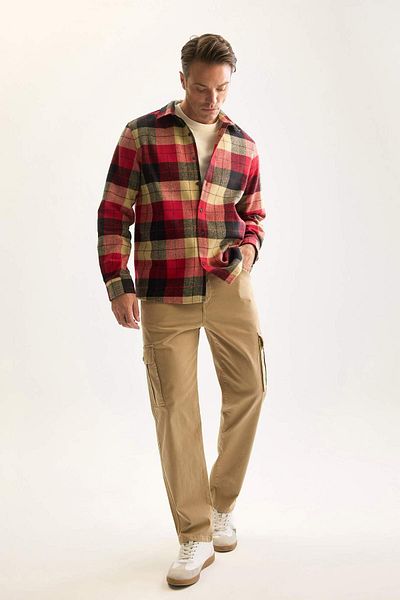 DeFacto Tricou polo din flanel cu mânecă lungă - Potrivire pentru lemne, guler în carouri D7191axns