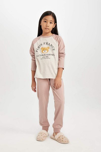 DeFacto Girls' Pajamas Set Printed Long Sleeve Top with Elastic Waist Long Bottom D3726A824Au