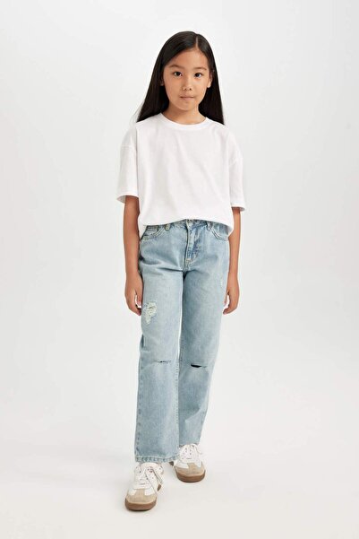 DeFacto Kız Çocuk Straight Fit Yırtık Detaylı Düz Paça Cepli Jean Pantolon D3370A824WN