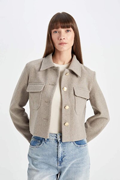 DeFacto Kısa Kaşe Mont Regular Fit Polo Yaka Düğmeli Cepli Yünlü C9644AX24WN