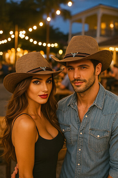 MYZİ STORE Καουμπόη Χάρτινο Καλοκαιρινό Ψάθινο Καπέλο Ταύρος με Λεπτομέρεια Φ...