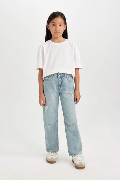 DeFacto Girls' Straight Fit Ripped Detailed Straight Leg Pocket Jean Trousers D3370A824Wn