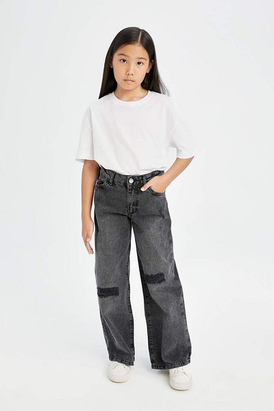 DeFacto Pantaloni de blugi pentru fete cu picioare late, rupte, detaliu, picioare late, largi, cu buzunar, antracit D3372A824WN