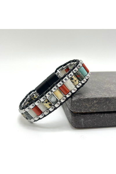 Certified Jasper Kan T. Moon T. Amazonite  Hematite Cylinder Cut Natural Stone Men's Bracelet with Lock