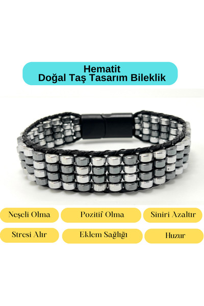 YILDIZ DOĞAL TAŞ Sertifikalı Hematit Doğal Taş Tasarım Erkek Bileklik Gümüş v...