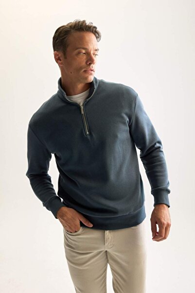 DeFacto 3 İplik Pamuklu Şardonlu İçi Polarlı Comfort Regular Fit Rahat Kalıp Dik Yaka Fermuarlı Kalın Sweats