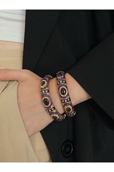 h&b design jewel Çelik Mor Taşlı Mineli Kelepçe Bileklik