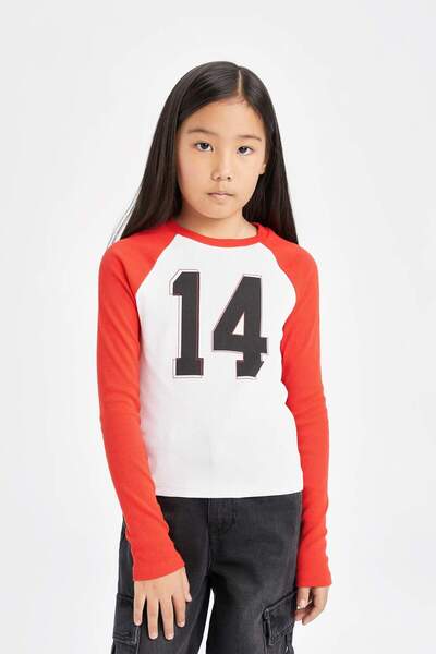 DeFacto Μακρυμάνικο μπλουζάκι για κορίτσια με λαιμόκοψη με μοτίβο με ραβδώσεις D6499a8ns