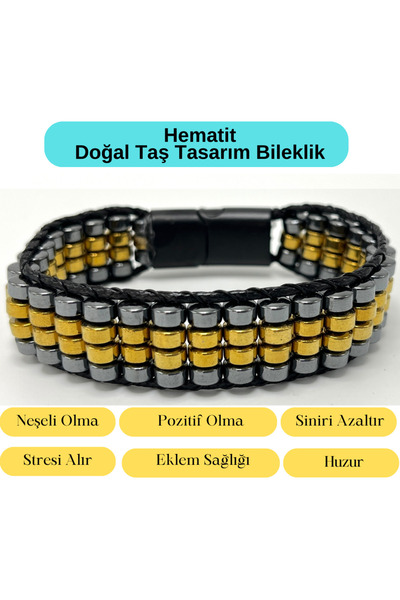 YILDIZ DOĞAL TAŞ Sertifikalı Hematit Doğal Taş Tasarım Erkek Bileklik Gold ve...