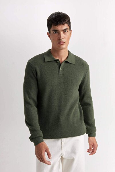 DeFacto Haki Standart Fit Normal Kesim Polo Yaka Triko Kazak D3589AX24WN
