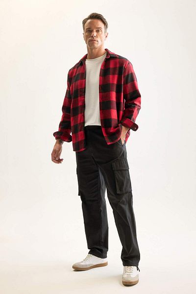 DeFacto Tricou polo din flanel cu mânecă lungă - Potrivire pentru lemne, guler în carouri D7191axns