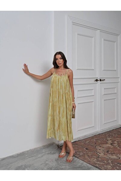 İLKCET MODA Μακρύ χαλαρό γυναικείο φόρεμα με λεπτομέρεια δαχτυλιδιού