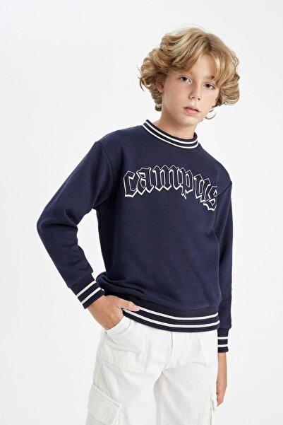 DeFacto Erkek Çocuk Lacivert Oversize Geniş Kalıp Bisiklet Yaka Baskılı Sweatshirt D1911A824WN