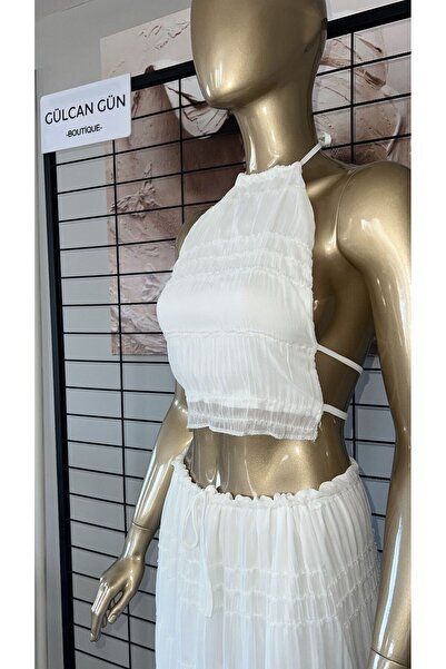 GÜLCAN GÜN Beyaz Sırtı Dekolteli Etekli - Büstiyer Takım