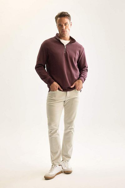DeFacto Men's Claret Red 3 Thread Cotton Raised Fleece Inside Regular Fit Stand Collar Zippered Thick Sweatshirt
