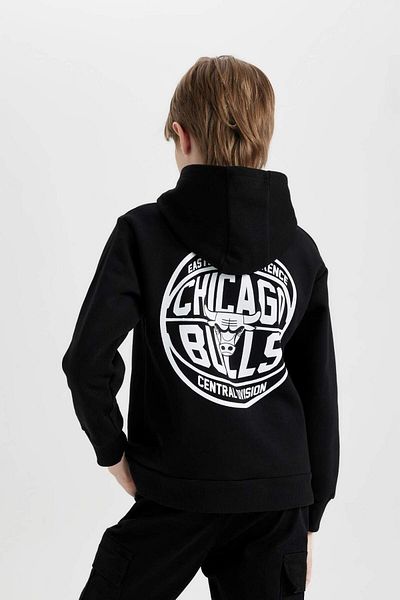 DeFacto Hanorac cu glugă cu imprimeu pe spate pentru băiat, negru, NBA Chicago Bulls, oversize, cu croiala largă, D3123A824
