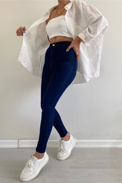 Harmony Dark Blue High Waist Skinny Fit Jean Lycra Front Pocketless Leggings Trousers Black Jeans
