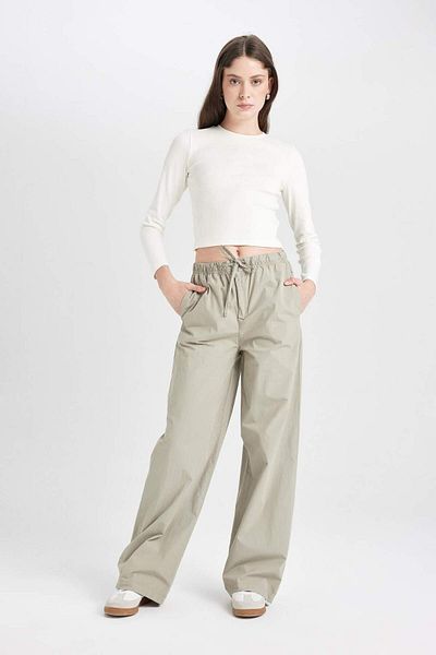 DeFacto Coool Straight Fit Poplin Pants Basic Plain Pocket Elastic Waist Lace-Up D3764Ax24Au