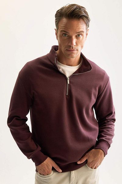 DeFacto Men's Claret Red 3 Thread Cotton Raised Fleece Inside Regular Fit Stand Collar Zippered Thick Sweatshirt