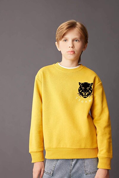 DeFacto Erkek Çocuk Sarı Bisiklet Yaka Kaplan Baskılı Sweatshirt D3096A824AU