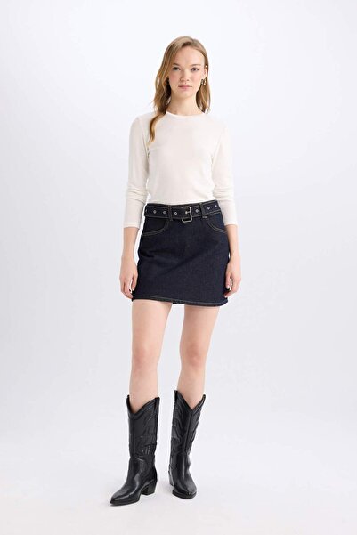 DeFacto Fashion Fit Soluk Efektli Cepli Kemerli Jean Mini Etek D5831AX24WN