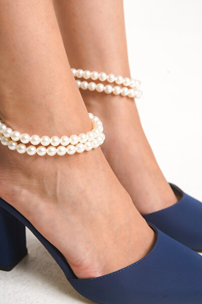 FOLLOWIN Women's Bride Navy Blue Satin Pearl Thick Heeled Special Day Wedding Wedding Bridal Shoes