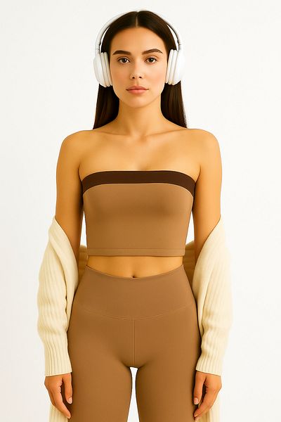 Olyssia Women's Stripe Detailed Body-Fitting Stretch Crop – Mink Body, Bitter Brown Stripe Design