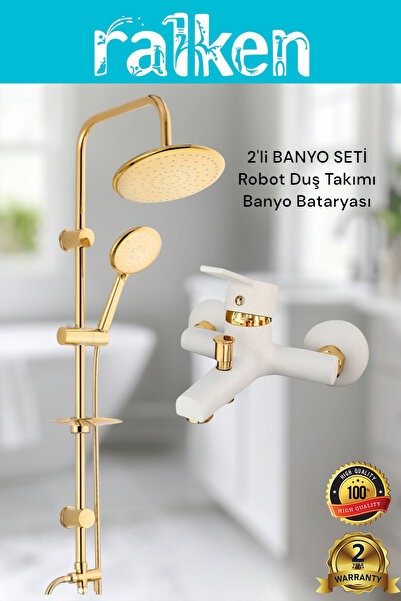 RALKEN Lüx Beyaz Gold Yuvarlak 2’li Banyo Duş Seti Robot Tepe Duş ve Banyo Du...