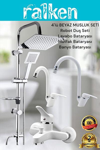 RALKEN Lüx Beyaz 4’lü Banyo Musluk Seti Robot Tepe Duş, Banyo, Lavabo, Eviye ...