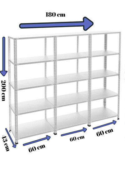RafBurada 5 Katlı 3'lü Galvaniz Çelik Raf - Depo, Arşiv, Kiler, Dosya, Market Rafı 43x60 Cm-200 Cm-0.70 Mm