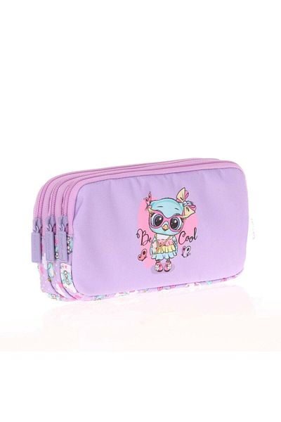KAUKKO Geantă pentru creion cu 3 compartimente Kids&love, paiete-brevet Owl L8101