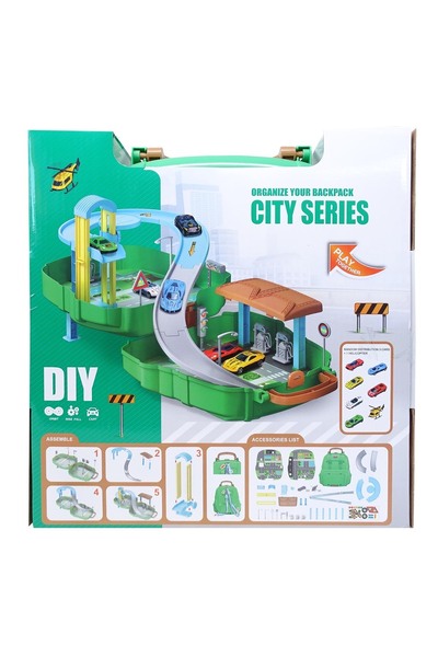 Salamandra 2 in 1 Set, Backpack and Track with 3 Metal Cars and Helicopter, 37 pieces