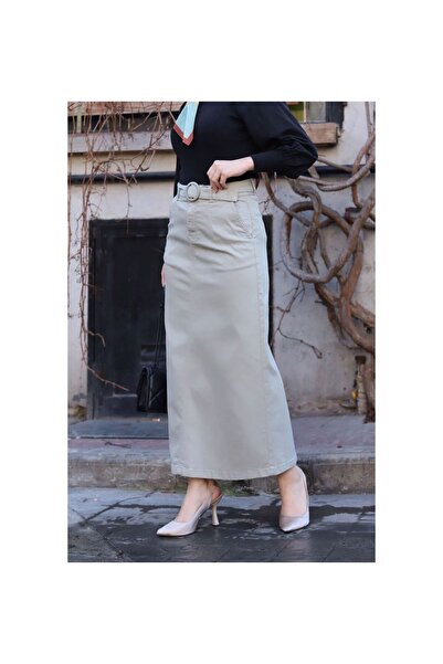 VELLICHOR Pocket Detailed Belted Buckle Gabardine Skirt Thyme
