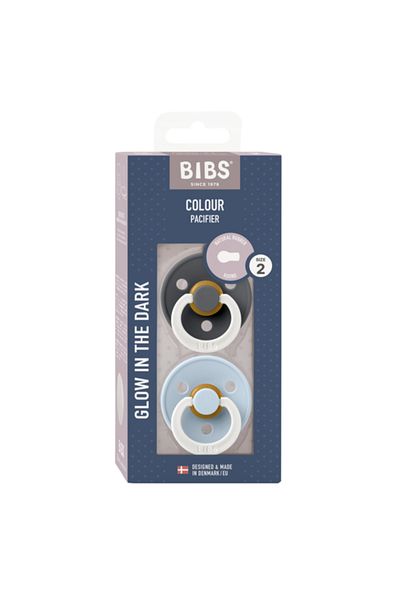 Bibs - Set de 2 suzete fosforescente Color Glow din latex, tetină rotundă, 6 luni + - Iron/Baby Blue