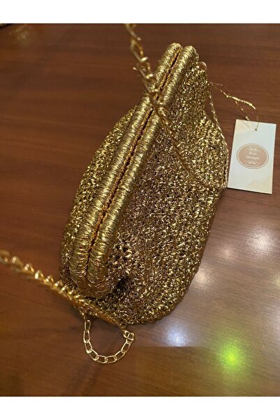 PeriStore Peridesign Altın Zincirli Büyük Boy Portföy Çanta El Örmesi 30x20cm...