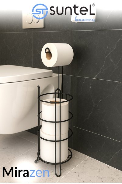SUNTEL BANYO MUTFAK AKSESUARLARI Toilet Paper Holder with Refill - Black Toilet Paper Stand - Bathroom Accessory