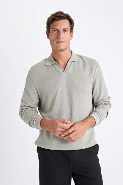 DeFacto Açık Haki Regular Fit Polo Yaka Jakarlı Triko Sweatshirt A9785AX24AU