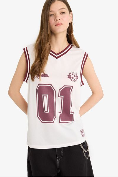 DeFacto Coool Oversize Wide Fit Printed V-Neck Jersey Fabric Singlet F7855Ax25Hs