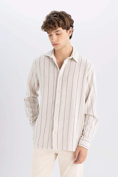 DeFacto Relax Fit Çizgili Pamuk Karışımlı Uzun Kollu Gömlek D7140AX24AU