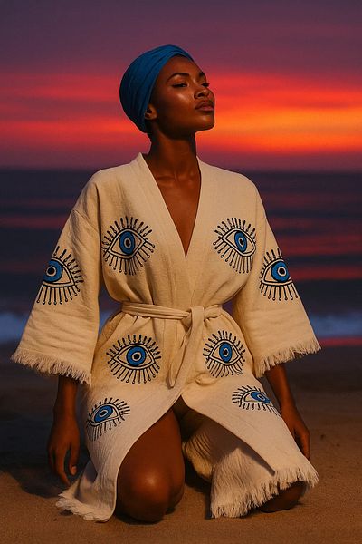 LaraLisa Collection 4 Layers Natural Muslin Cotton Fabric Chemical Treatment Unprocessed Hand Printed Kaftan Kimono Peshtemal Bathrobe