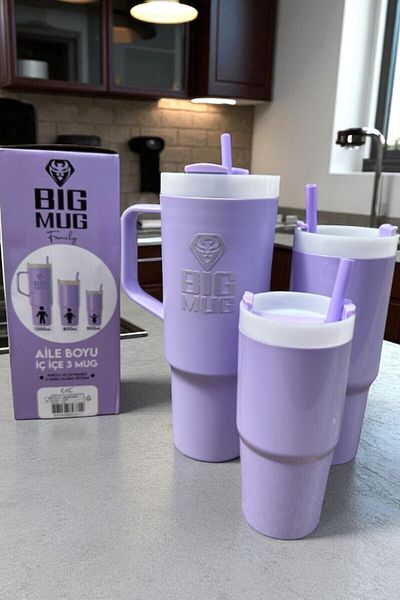 Comprox Tritan Big Family – Set of 3 Nesting Cups with Straws - Family Size 3 Mug Purple