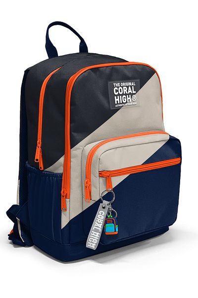 Coral High Navy Blue Dark Gray Beige Colored School Backpack 23693