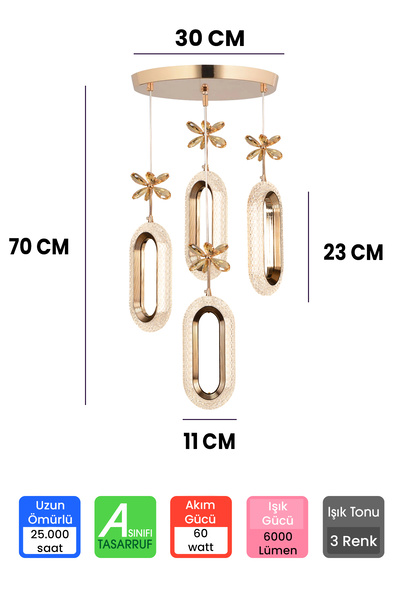 RANSOM 3 Renk Kumandalı Gold Kasa Elips Led Avize 4 Lü Modern Ledli Avize