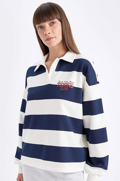 DeFacto Relax Fit Polo Neck Printed Striped Thick Sweatshirt D5926Ax24Au