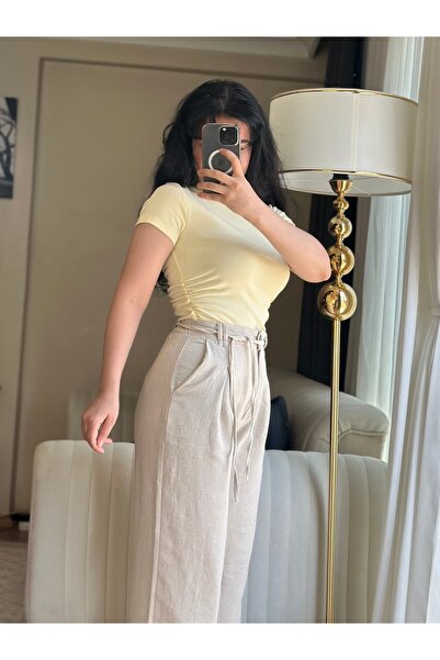 Elegant Bel Lastikli Keten Pantolon