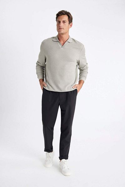 DeFacto Tricotaj jacquard cu guler polo, kaki deschis, cu croiala normală, A9785AX24AU
