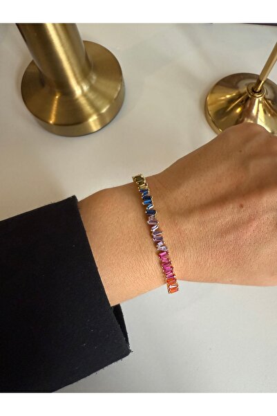 HOUSEKİ Renkli Taşlı 925 Ayar Gümüş Ayarlanabilir Kelepçe Bileklik
